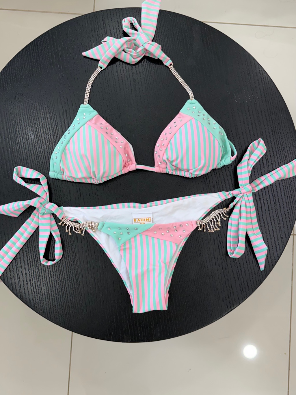 Striped Pink & Teal Tie-Side Triangle Bikini Medium Top & Xs Bottom Nwt — image 8 of 8